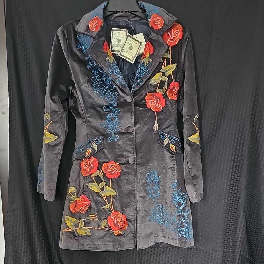 Paparazzi Black Velvet Blazer with Red and Blue Embroidery